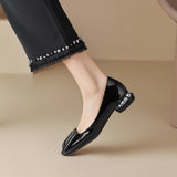 Spring Women Pumps Genuine Leather Shoes Square Toe Chunky Heel Shallow Square button Single MartLion   