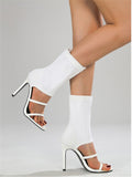 Liyke Summer Design Open Toe Slip-On Elastic Boots Sandals Women White Cut-Out Thin High Heels Ankle Shoes