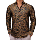 Designer Shirts Men's Silk Long Sleeve Gold Black Flower Slim Fit Blouses Casual Formal Tops Breathable Barry Wang MartLion   