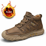 Microfiber Leather Men's Boots Outdoor Sports Non-slip High-top Hiking Shoes Optional Plush Winter MartLion Khaki(plush) 38(24.0CM) 