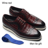 Designer Cow Real Leather Burgundy Men's Flat Sneakers Crocodile Print Wingtip Brogues Derby Casual Dress Shoes MartLion   