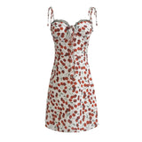 Summer Cherry Print Mini Dress Women Lace Slim Dresses MartLion   