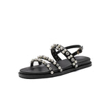 Pearl Rhinestones Flat Sandals Diamonds Flat Shoes Black Beige Crystals Beach Platform Mujer Bing Bling Mart Lion Black 35 