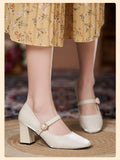 Vintage Silk Satin High Heels Mary Jane Shoes Women Chunky Heels Pumps Pearl Buckle Thick-Heeled Fat Wide Feet Mart Lion   