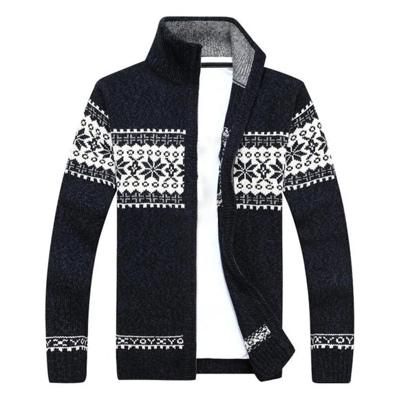Thick Warm Knitted Cardigan Men's Winter Sweaters Coats Jackets Wool Cotton Flower MartLion Dark Blue S 