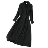 Dress Women's Summer Long Sleeve Tight Waist Long Dress Black Cover Shirt Collar Dress MartLion   