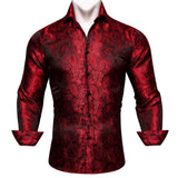 Barry Wang Luxury Rose Red Paisley Silk Shirts Men's Long Sleeve Casual Flower Shirts Designer Fit Dress BCY-0029 Mart Lion CY-0026 L 