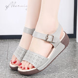 Microfiber Hollow Women's Sandals Ankle Buckle Strap Platform Soft Sole Walking Shoes Low Wedge MartLion   