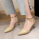  Bling Gold Silver Women's Pumps Point Toe Thin Heel Party Wedding Shoes Summer Ankle Strap High Heels MartLion - Mart Lion