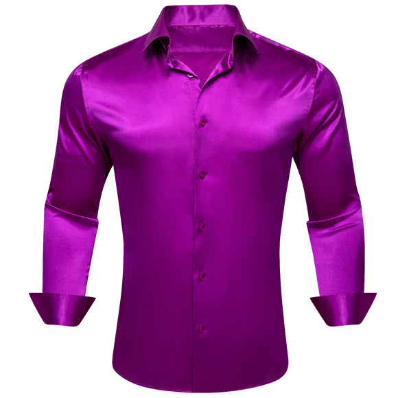 Luxury Shirts for Men's Silk Satin Solid Plain Red Green Yellow Purple Slim Fit Blouses Turn Down Collar Casual Tops MartLion 521 S 