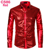 Silver Metallic Sequins Glitter Shirt Men's Disco Party Halloween Chemise Homme Stage Performance Shirt MartLion CS86 Red US Size S 