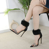 Liyke Black Fluffy Feather Sandals Women Crystal Pointed Open Toe Banquet High Heels Shoes Mart Lion   