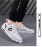 Genuine Leather Men's Casual Shoes High End Striped Cool White Flat Skateboard Cow Leather Sneakers Mart Lion   