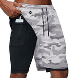 Men's Running Shorts Summer Sportswear 2 in 1 Sport Shorts Gym Fitness Double Deck Clothing Training Jogging Short Pants Mart Lion Camo1 Headphone Hole M 