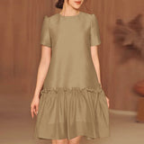 Women Summer Robe Casual Loose Solid Midi Dress  Round Neck MartLion Khaki S 