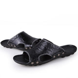 Men's Slippers Summer Genuine Leather Casual Slides Street Beach Shoes Black Cow Leather Sandals Mart Lion   