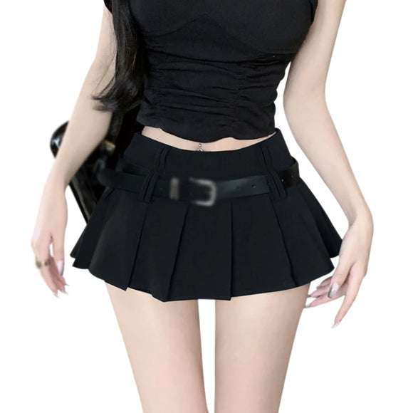 Women's Waist Short Skirt  Girl A-line Pleated Skirt with Belt Half length Skirt MartLion black L 