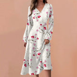 Casual Dresses Unique Mid-Calf Dresses For Women's V-Neck Long Sleeves Printed Frocks MartLion Hot Pink M CHINA