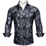 Luxury Shirts Men's Long Sleeve Silk Green Flower Slim Fit Tops Casual Button Down Collar Bloues Breathable Barry Wang MartLion 0593 S 