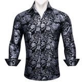 Luxury Shirts Men's Long Sleeve Silk Green Flower Slim Fit Tops Casual Button Down Collar Bloues Breathable Barry Wang MartLion