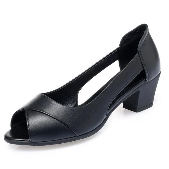 Summer Leather Women Shoes Ladies Mid Heel Sandals Hollow Peep Toe Square Heel Sandals Woman Footwear MartLion black 35 