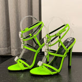  Liyke Green Ankle Strap Sandals Women Summer Shoes Diamond Rivet Design Open Toe Stripper Heels Mart Lion - Mart Lion