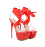 Liyke Red Thigh High Lace-Up Platform Sandals Women 16.5 CM Transparent Shoes Stiletto Peep Toe Stripper Heels Mart Lion   