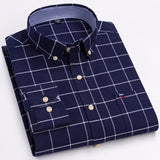Men's100% Cotton Long Sleeve Button Down Check Shirt Single Chest Pocket Work Casual Standard-fit Plaid Striped Oxford Mart Lion L503 43 