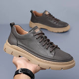 Spring Classic Men's Breathable Grey Sneakers Genuine Leather Casual Shoes Lace-Up Men's Walking Antiskid Footwear MartLion   
