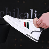 Genuine Leather Men's Casual Shoes High End Striped Cool White Flat Skateboard Cow Leather Sneakers Mart Lion   