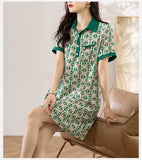 Elegant Print Polo Collar Dresses  Women Summer Casual Short Sleeve Loose Chic Midi Dress MartLion   