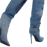  High Heel Cowboy Boot Water Wash Pocket Design Pointed High Heel Motorcycle Knee Shoes for Women MartLion - Mart Lion