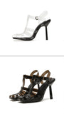 Liyke Black PVC Transparent Women Pumps Sandals Stiletto Square Toe Buckle Strap High Heels Dress Shoes Mart Lion   