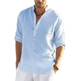 Men's V-neck t  Blouse Cotton Linen Shirt Loose Tops Long Sleeve Tee Shirt Spring Autumn Casual Handsome Mart Lion Blue S China|No