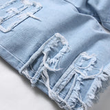 Streetwear Summer Men's Holes Patch Spliced Denim Shorts Stylish Solid Casual Straight Jean Five-point Pants MartLion   