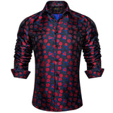 Luxury Blue Black Paisley Silk Shirts Men's Long Sleeve Wedding Party Prom Tuxedo Dress Casual Designer Clothing MartLion   