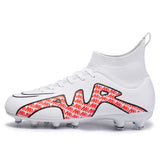 High Top Soccer Shoes Long Spike FG TF Non-Slip Football Boots Outdoor Training Ankle Cleats MartLion HXCK15-C-WhiteRed 35 
