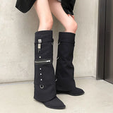 Denim Workwear Pocket Trouser Legs Show Large Knee Length Boots Women's Shark Lock Sleeve Skirt MartLion L489-black 40 