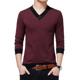 Men's Clothes Autumn Casual T-shirt V-neck Patchwork Color Design Top Tees Mart Lion Red T-shirt Asian size M 