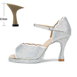 All Diamond Shining Latin Dance Shoes Women's Party Dancing Sandals Summer High Heel Jazz Tango Waterproof MartLion Silver heel 8.5cm 34 