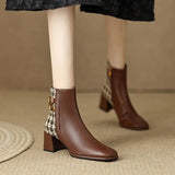 Retro Women Autumn Squared Toe Ankle Boots Block Heels Black Patchwork Leather High Heels Short British Ladies Shoes MartLion   