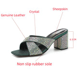 Summer Women's Slippers Genuine Leather Thick Heel Open Toe Crystal Party Shoes MartLion   