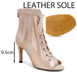 Fish Mouth Strap Jazz Boots Stiletto Heel Hollow Mesh Low Tube Sandals Latin Dancing Shoes Party Ballroom Performances MartLion Apricot9.5cm leather 43 