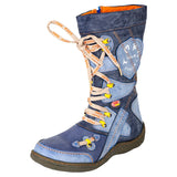Patchwork Stitch-Detail PU Leather Mid-Calf Women's Boot MartLion Blue 36 