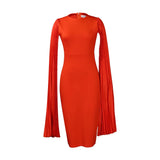 Temperament Casual Slim Fit Office Dress  Sleeved Solid Color Mid Dress Women Clothing MartLion Orange XL 