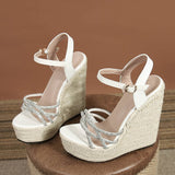 Liyke Rhinestone Open Toe 14CM High Heels Wedge Sandals Women Summer Party Dress Buckle Strap Platform Shoes Mart Lion   