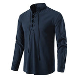 Men's Casual Blouse Cotton Linen Shirt Tops Long Sleeve Tee Shirt Spring Autumn Slanted Placket Vintage MartLion navy US XXL 