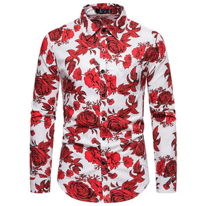 Autumn Winter Shirt Men's Vintage Rose Print Casual Long Sleeve Shirt MartLion White Red S 