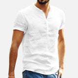 Men's Standing Collar Cotton Linen Short Sleeved Shirt Designer Clothes Popular Tops Mart Lion White S 