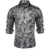 Luxury Gilding Pink Blue Red Paisley Print Silk Dress Shirts for Men's Long Sleeve Social Clothing Tops Slim Fit Blouse MartLion CY-2318 S 